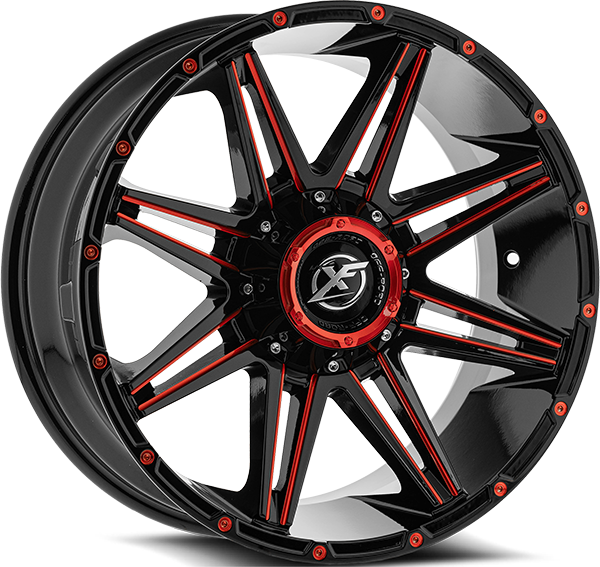 XF OFFROAD XF-220 Gloss Black Milled Red 22x10 -24 8x165.1/8x180 125.2